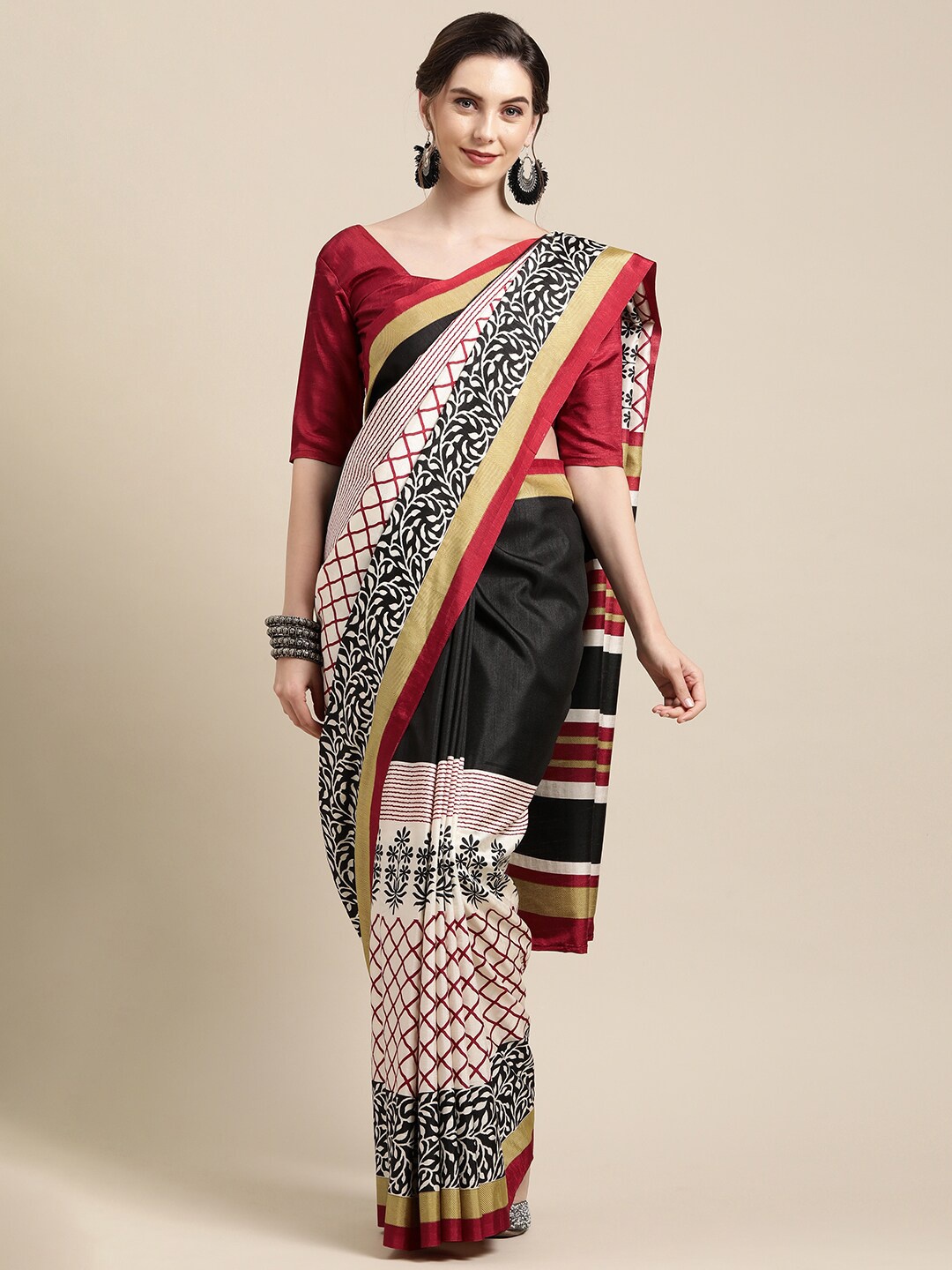 

Mitera White & Black Zari Silk Blend Saree