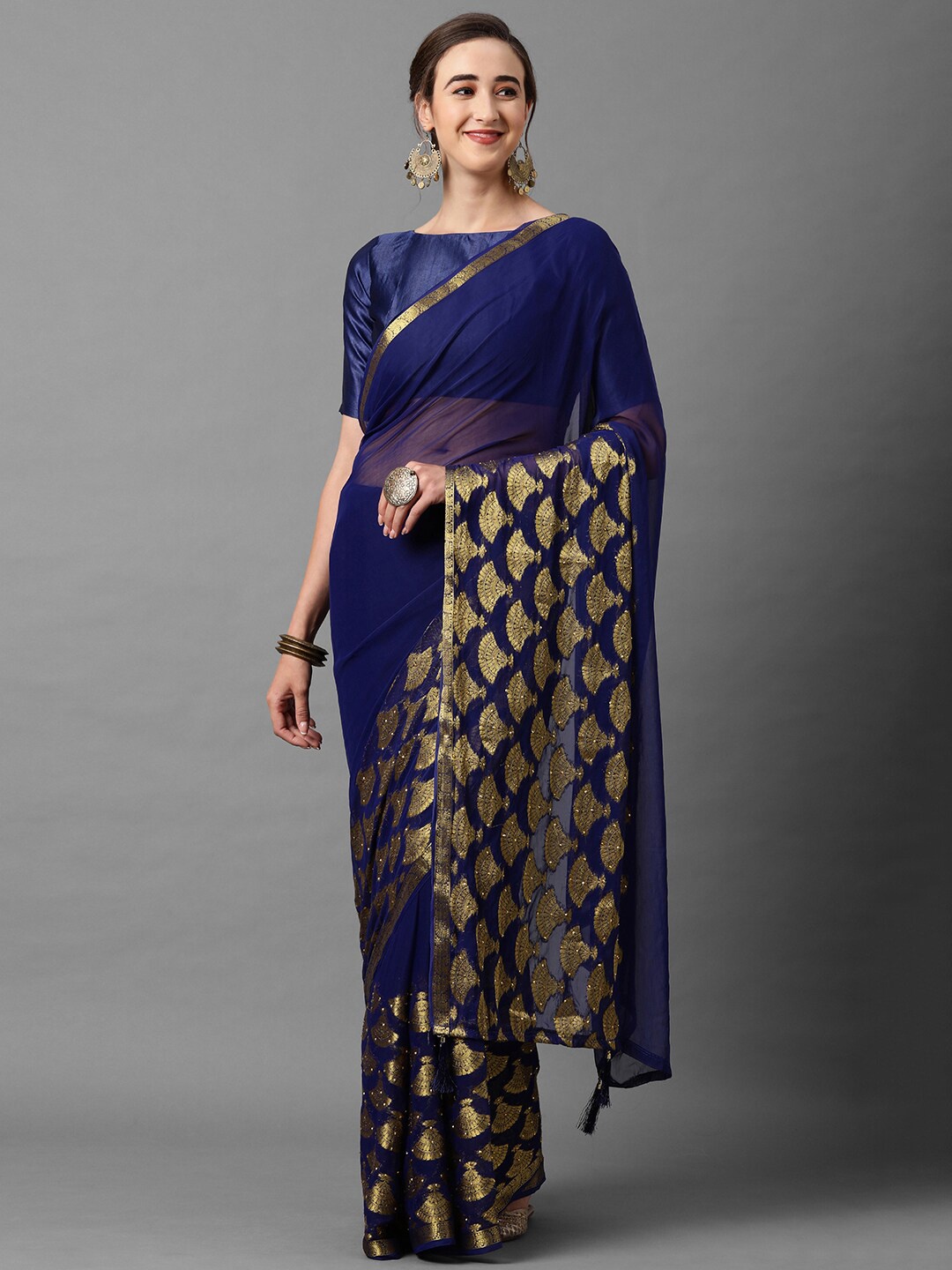 

Mitera Blue & Gold-Toned Embellished Zari Saree