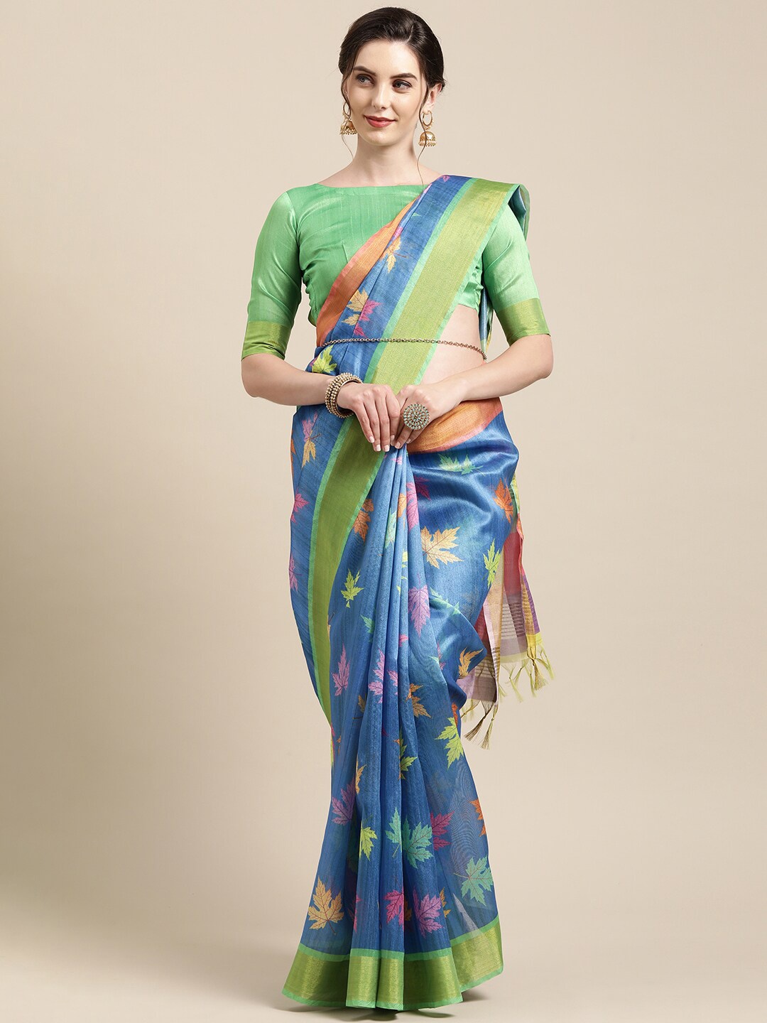 

Mitera Blue & Green Floral Art Silk Saree