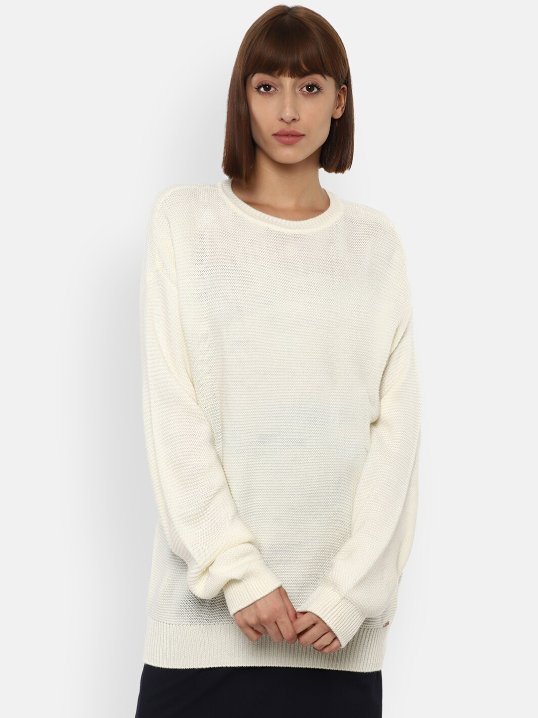 

Van Heusen Woman Cream-Coloured Self-Design Pullover