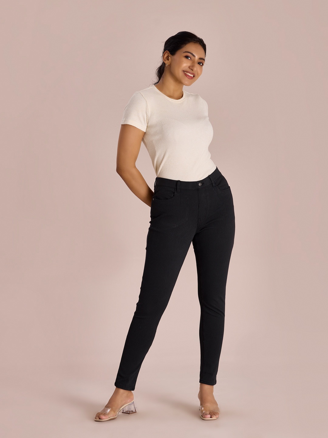 

Go Colors Women Black Striped Super Stretch Slim-Fit Jeggings