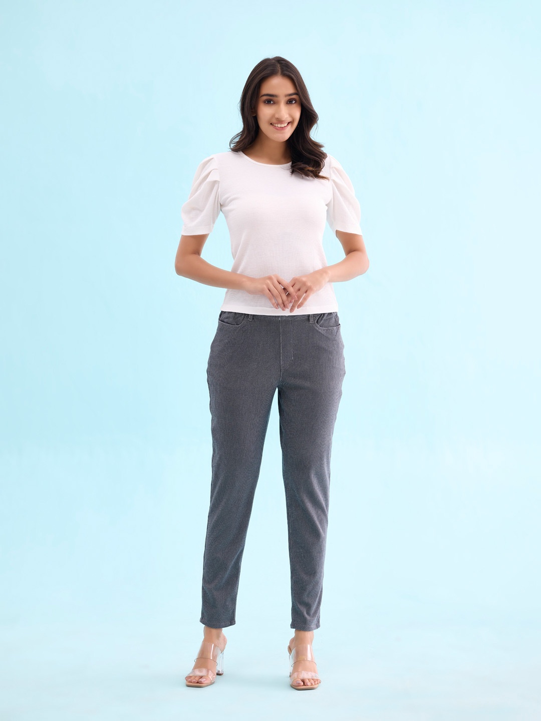 

Go Colors Women Grey & Black Striped Slim-Fit Jeggings