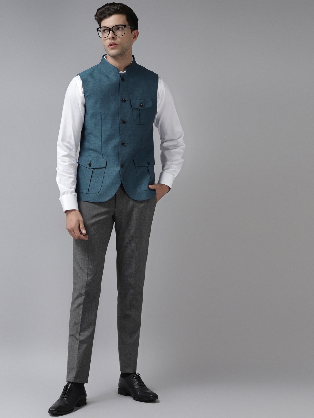 

Blackberrys Men Teal Solid Nehru Jacket
