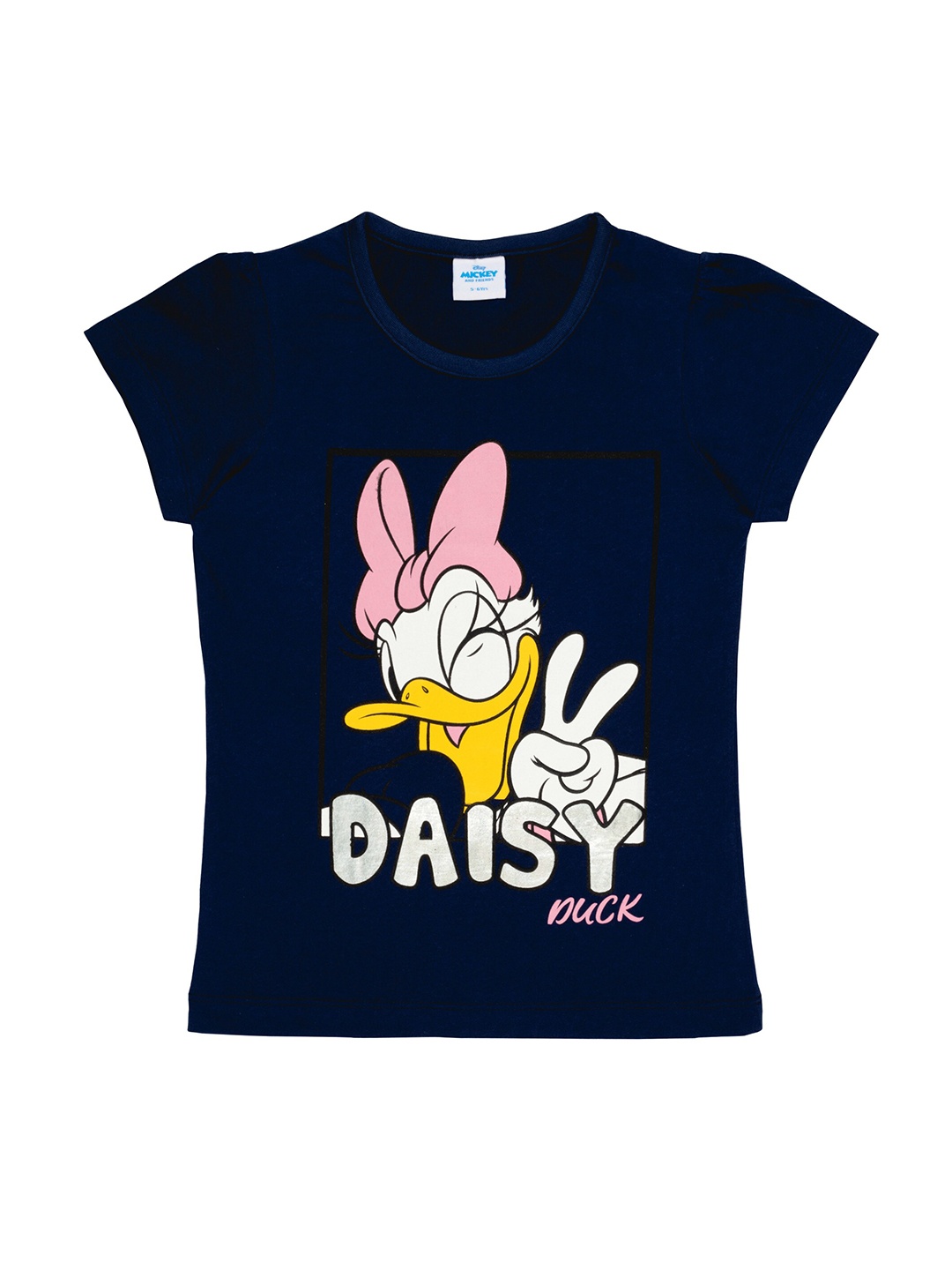 

Disney Girls Navy Blue & White Daisy Foil Printed Puff Sleeves T-shirt