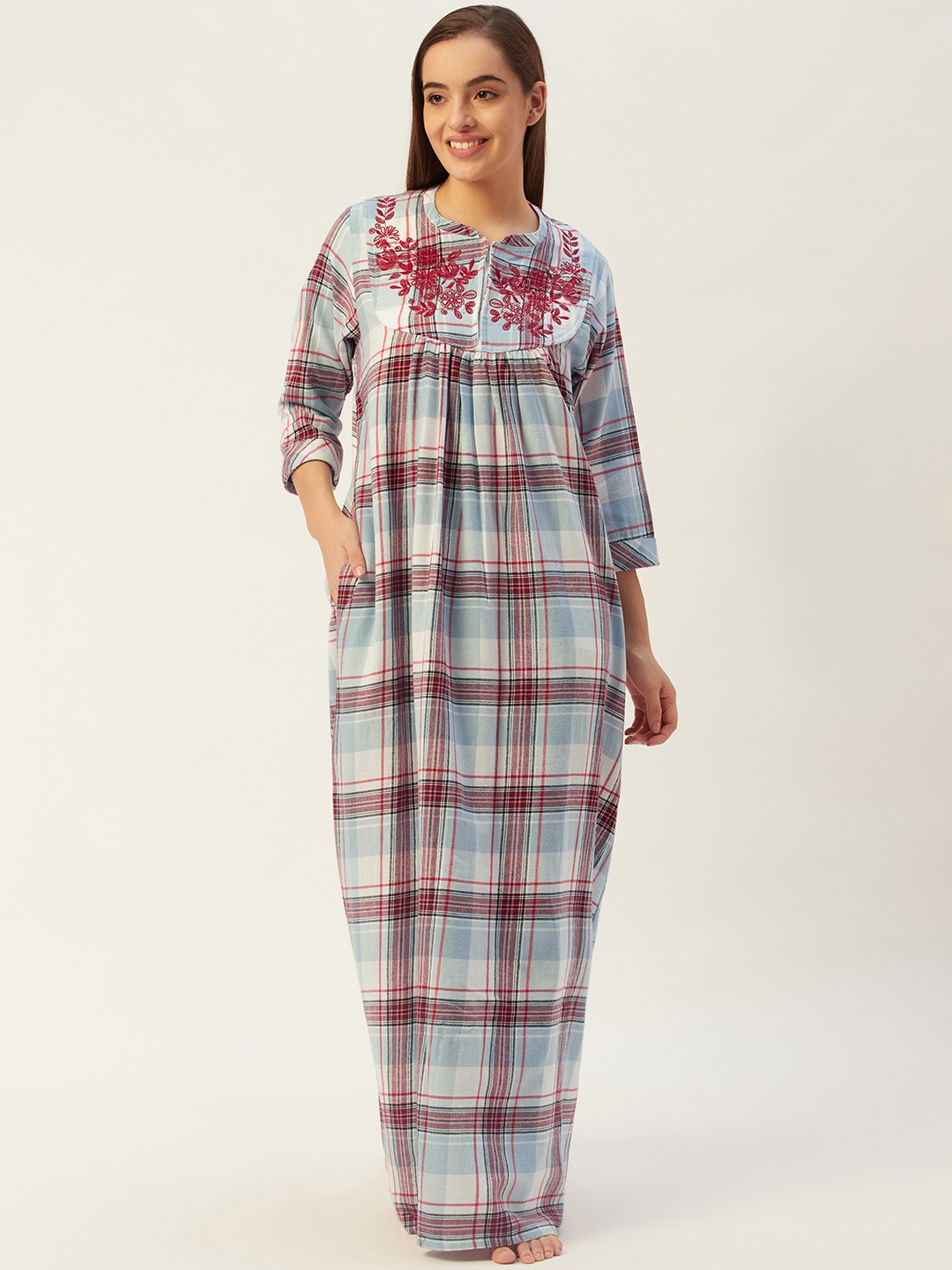 

Sweet Dreams Women Grey & Maroon Checked Pure Cotton Maxi Nightdress