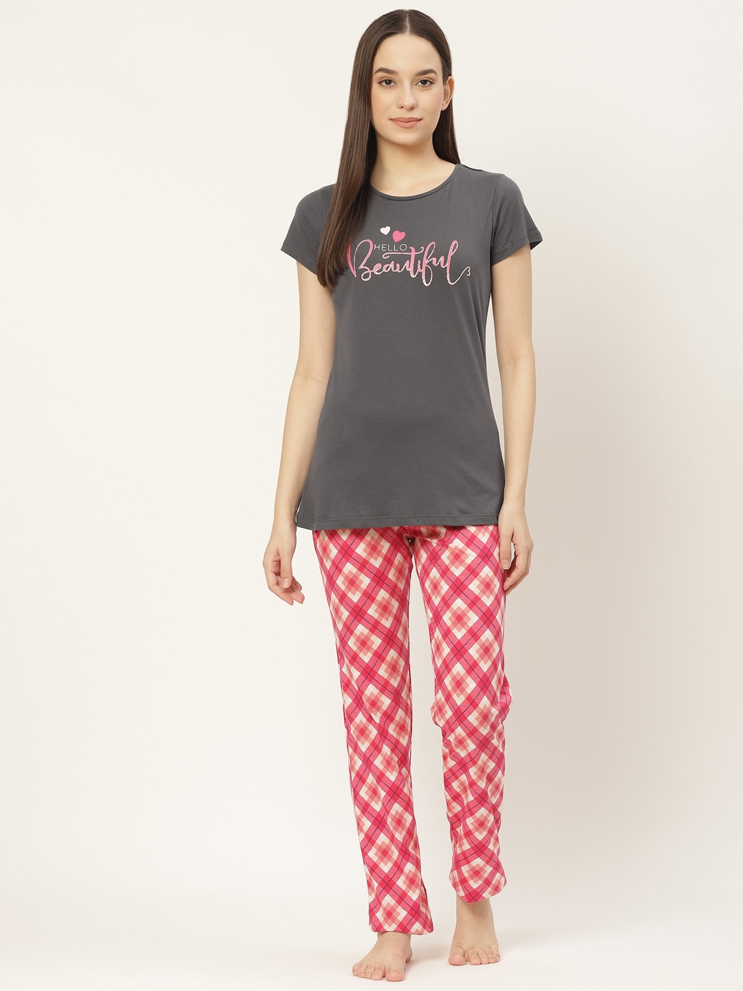 

Sweet Dreams Women Charcoal Grey & Pink Pure Cotton Printed Pyjama Set