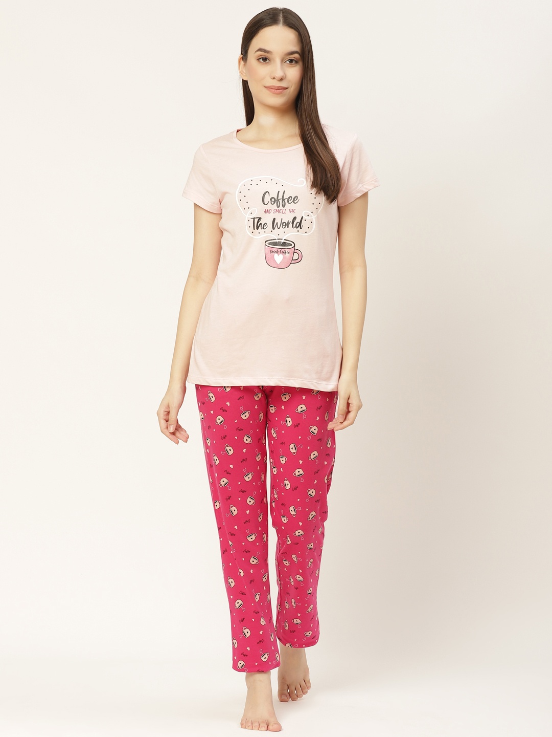 

Sweet Dreams Women Pink Coffee Print Cotton Pyjamas Set