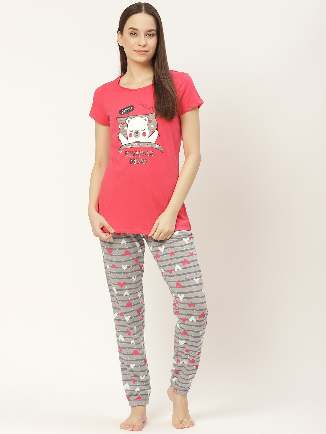 

Sweet Dreams Women Pink & Grey Pure Cotton Printed Pyjama Set
