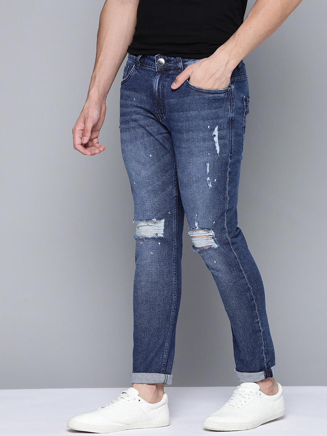 

Mast & Harbour Men Navy Blue Printed Skinny Fit Slash Knee Light Fade Stretchable Jeans