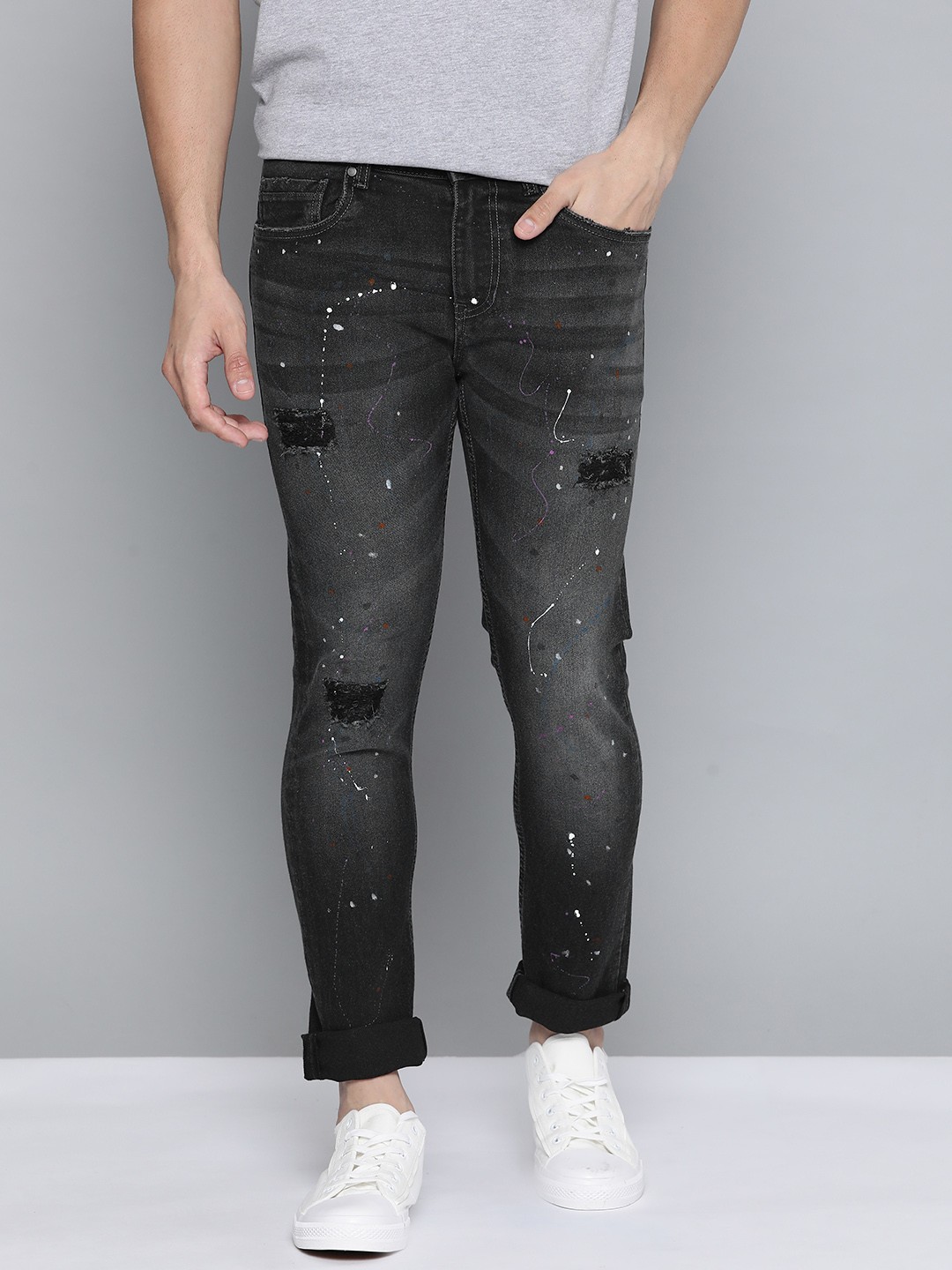 

Mast & Harbour Men Black Skinny Fit Mildly Distressed Light Fade Stretchable Jeans