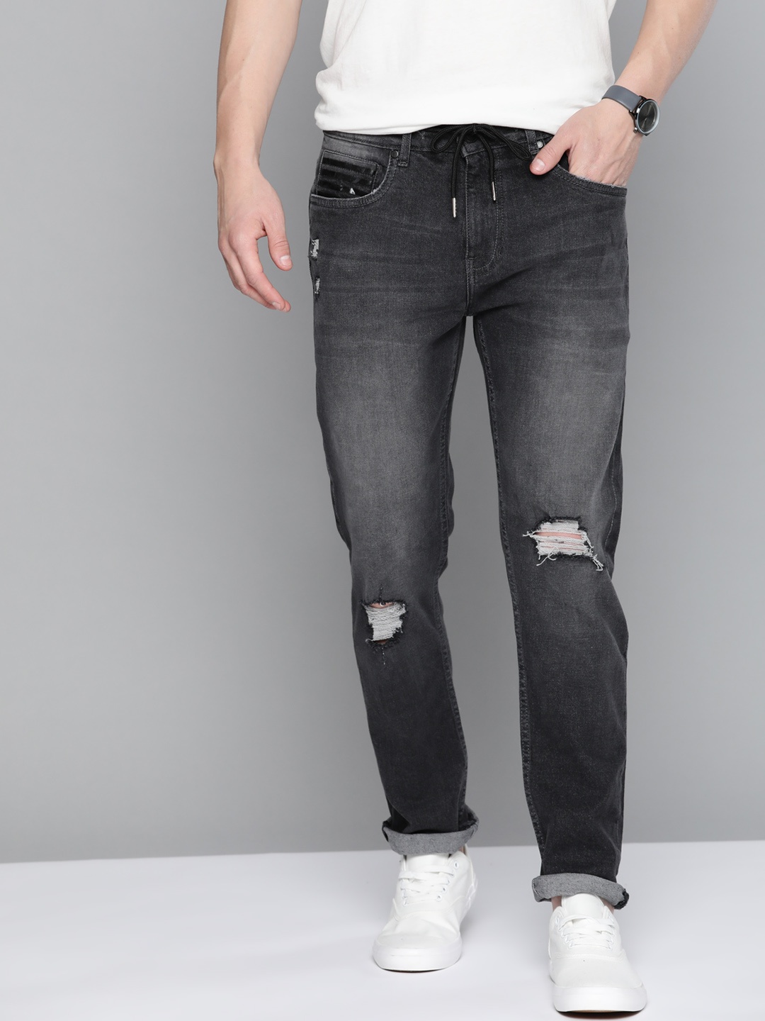

Mast & Harbour Men Charcoal Grey Skinny Fit Light Fade Low-Distressed Stretchable Jeans