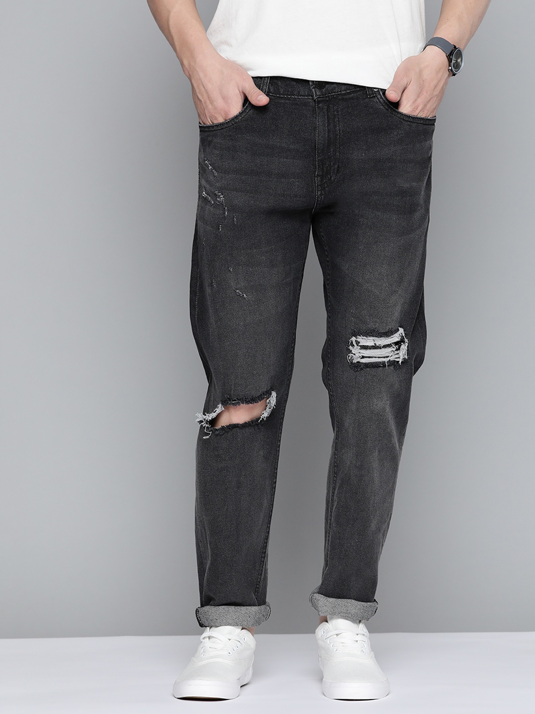 

Mast & Harbour Men Charcoal Grey Slim Tapered Fit Slash Knee Light Fade Stretchable Jeans