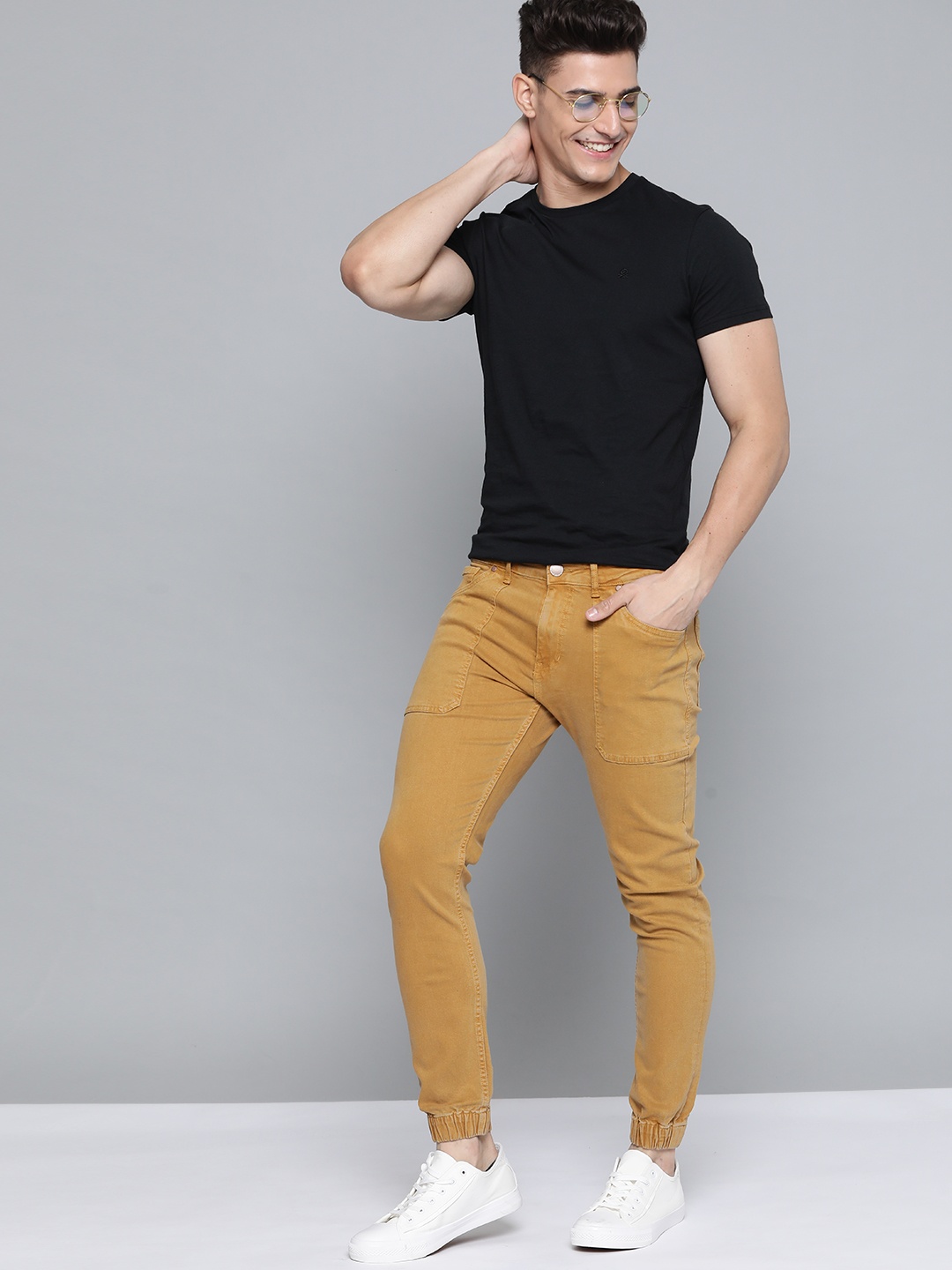 

Mast & Harbour Men Mustard Brown Slim Tapered Fit Stretchable Jeans Joggers