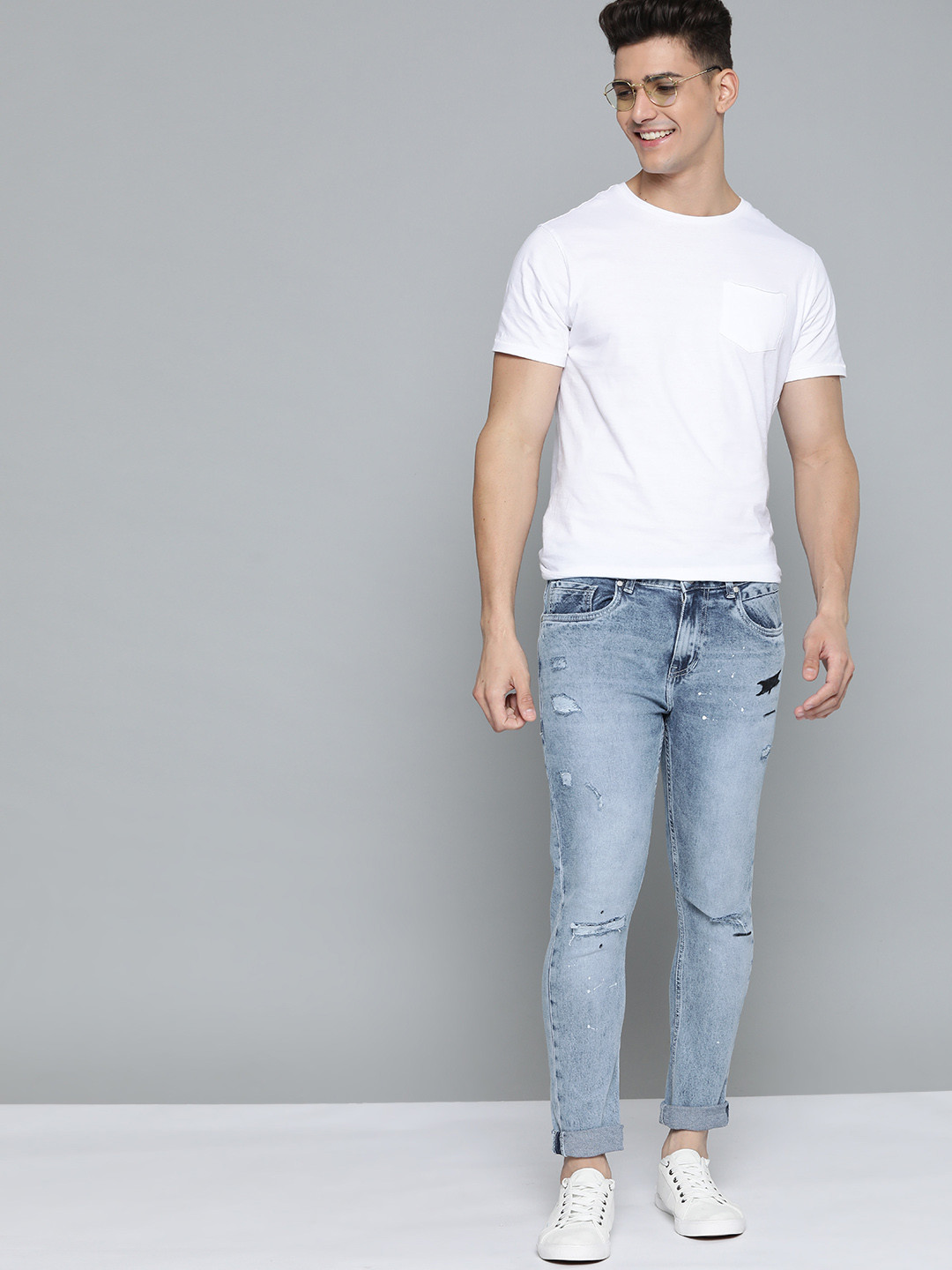 

Mast & Harbour Men Blue Skinny Fit Mildly Distressed Light Fade Acid Wash Stretchable Jeans