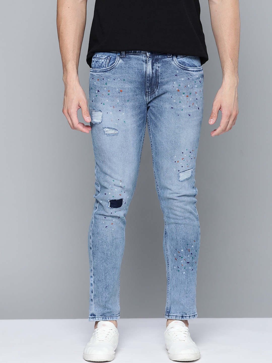 

Mast & Harbour Men Blue Skinny Fit Mildly Distressed Light Fade Printed Stretchable Jeans