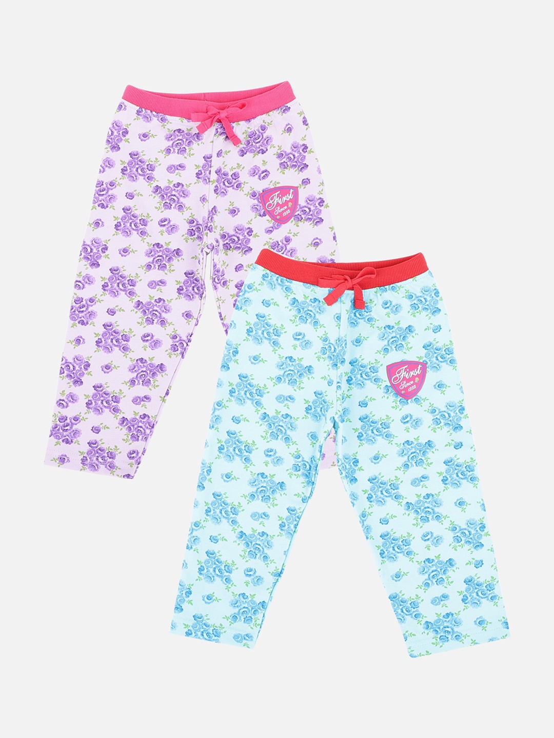 

Bodycare Kids Infants Girls Pack Of 2 Floral Printed Slim-Fit Pure Cotton Track Pants, Blue