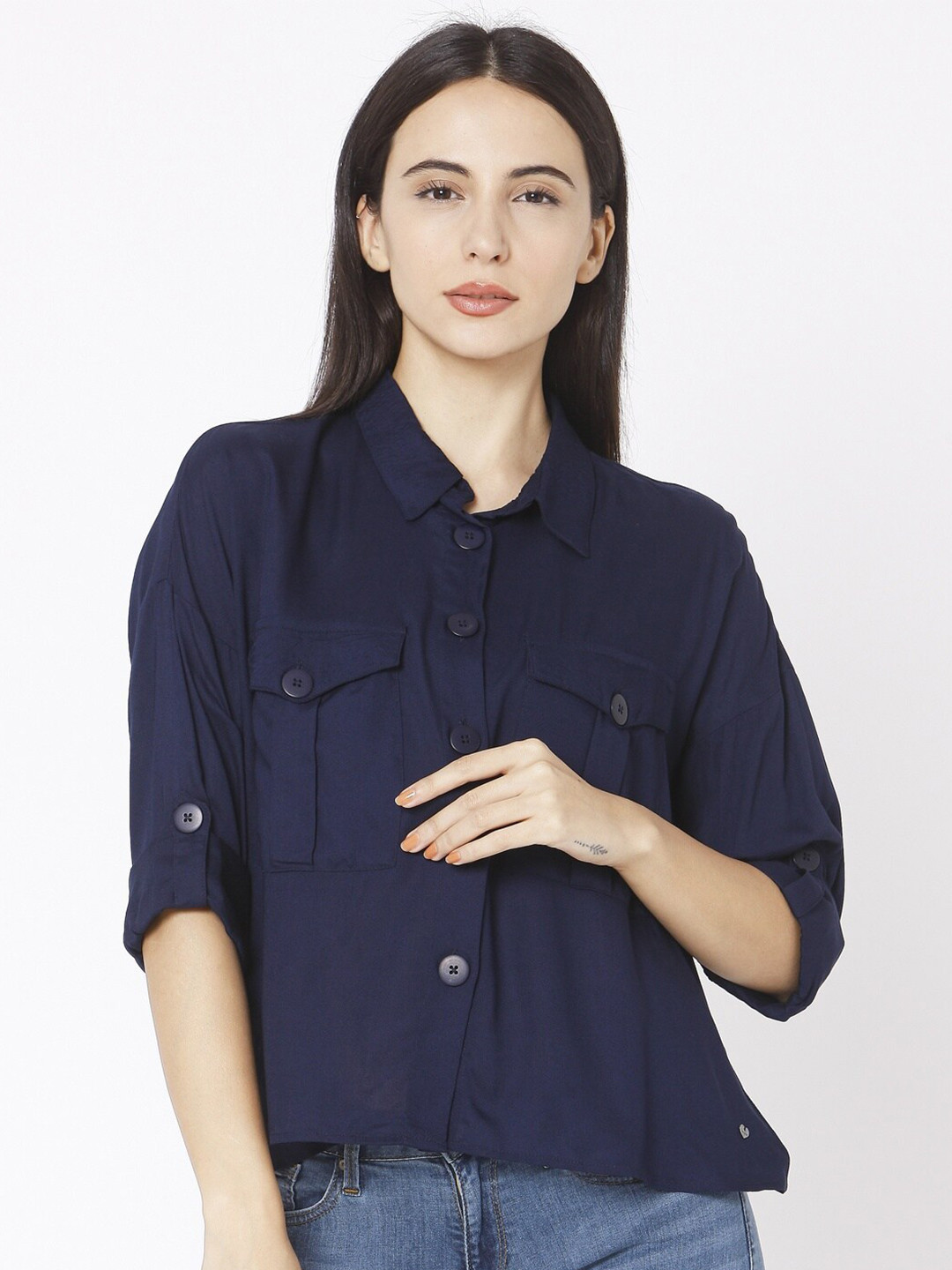 

SPYKAR Blue Solid Roll-Up Sleeves Pure Cotton Shirt Style Top