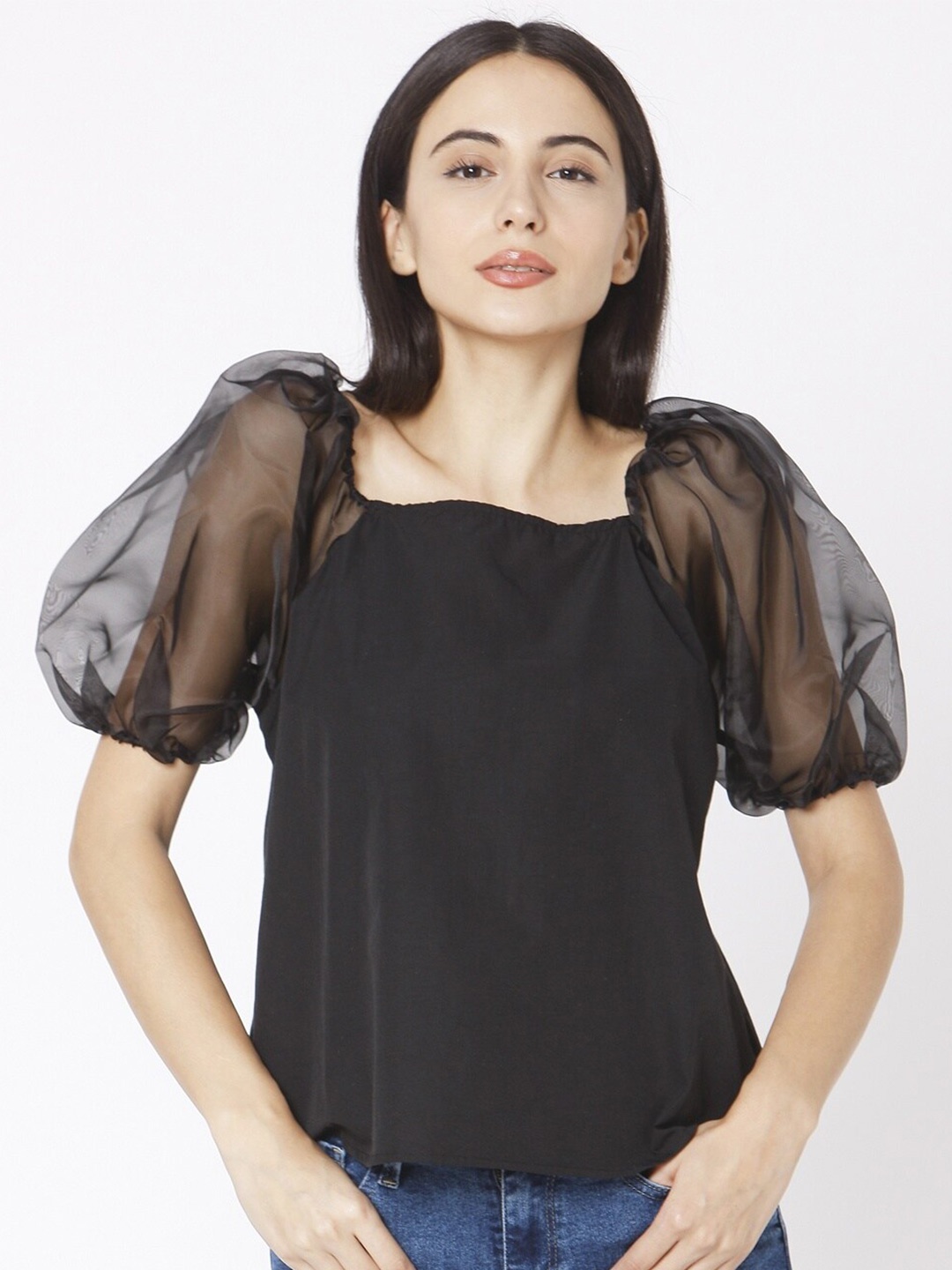 

SPYKAR Black Puff Sleeves Pure Cotton Regular Top