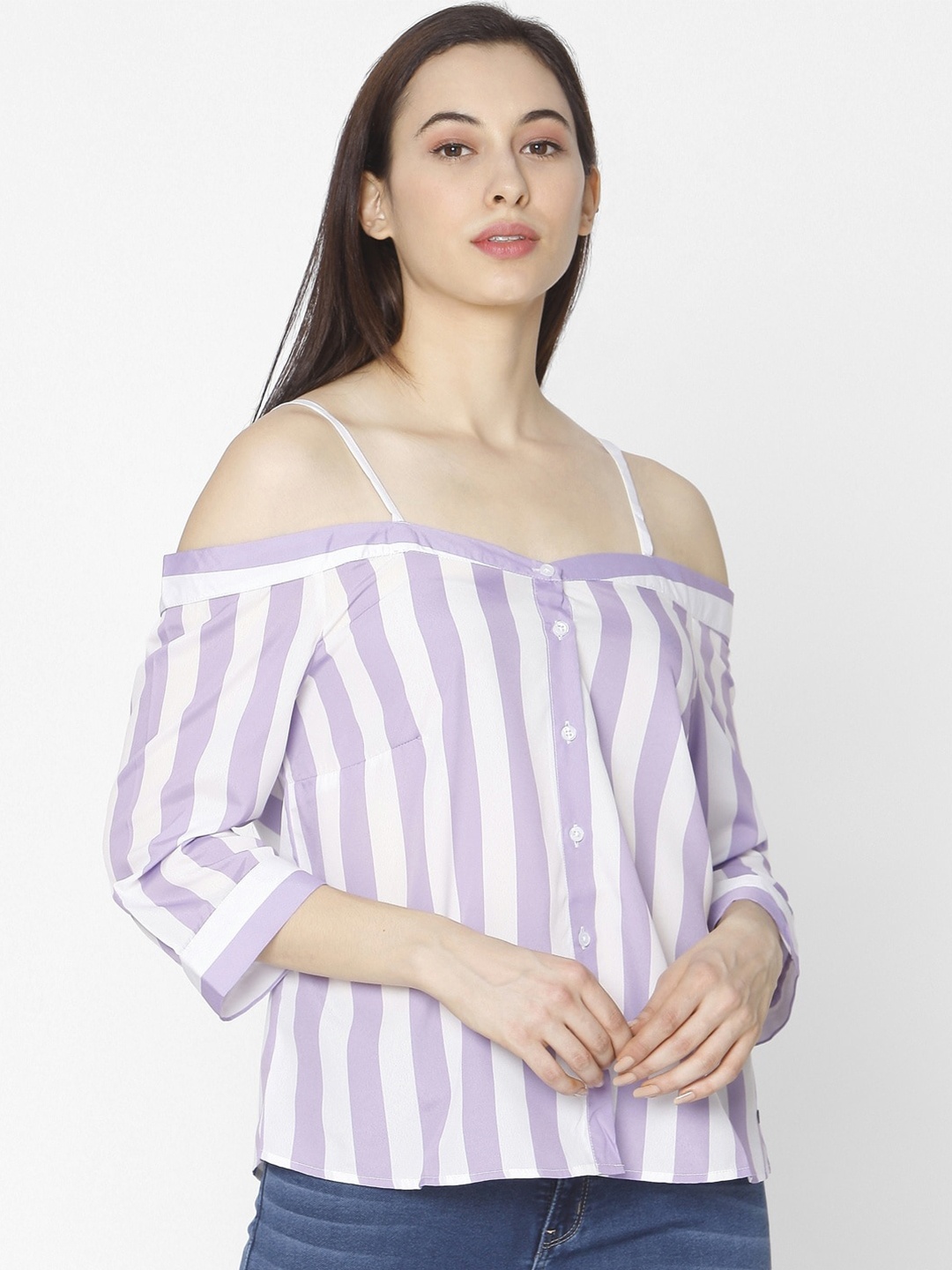 

SPYKAR Purple & White Striped Pure Cotton Bardot Top