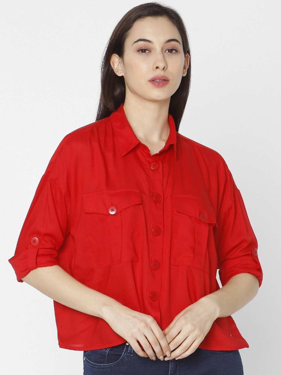 

SPYKAR Red Roll-Up Sleeves Pure Cotton Shirt Style Top