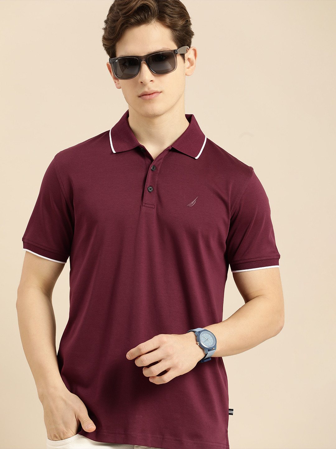 

Nautica Men Burgundy Solid Polo Collar Pure Cotton T-shirt