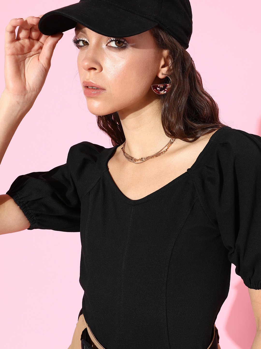 

Moda Rapido Women Stylish Black Solid Puff Sleeves Top