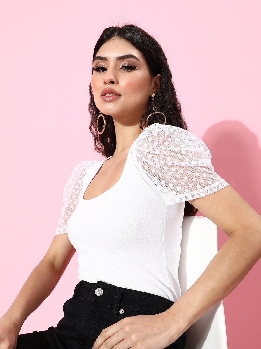 

Moda Rapido Women Classic White Solid Dobby Weave Top