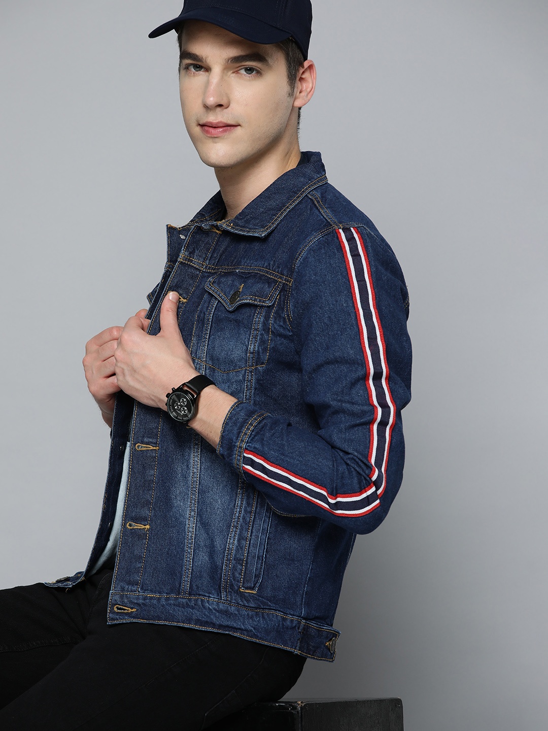 

Harvard Pure Cotton Denim Jacket With Taping Detail, Blue