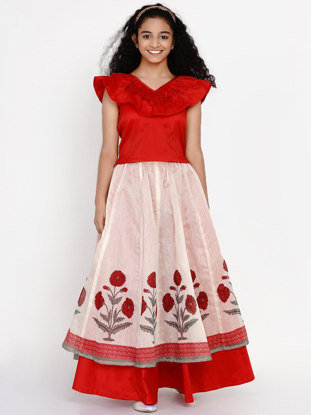 

Bitiya by Bhama Girls Red & Off White Block Print Ready to Wear Lehenga Choli