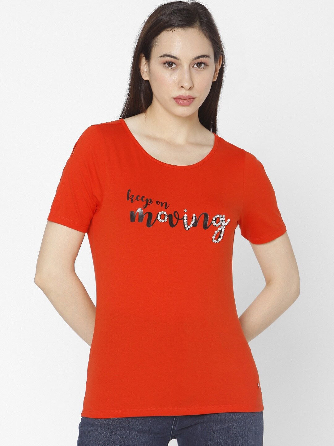 

SPYKAR Women Orange Typography Printed Slim Fit T-shirt