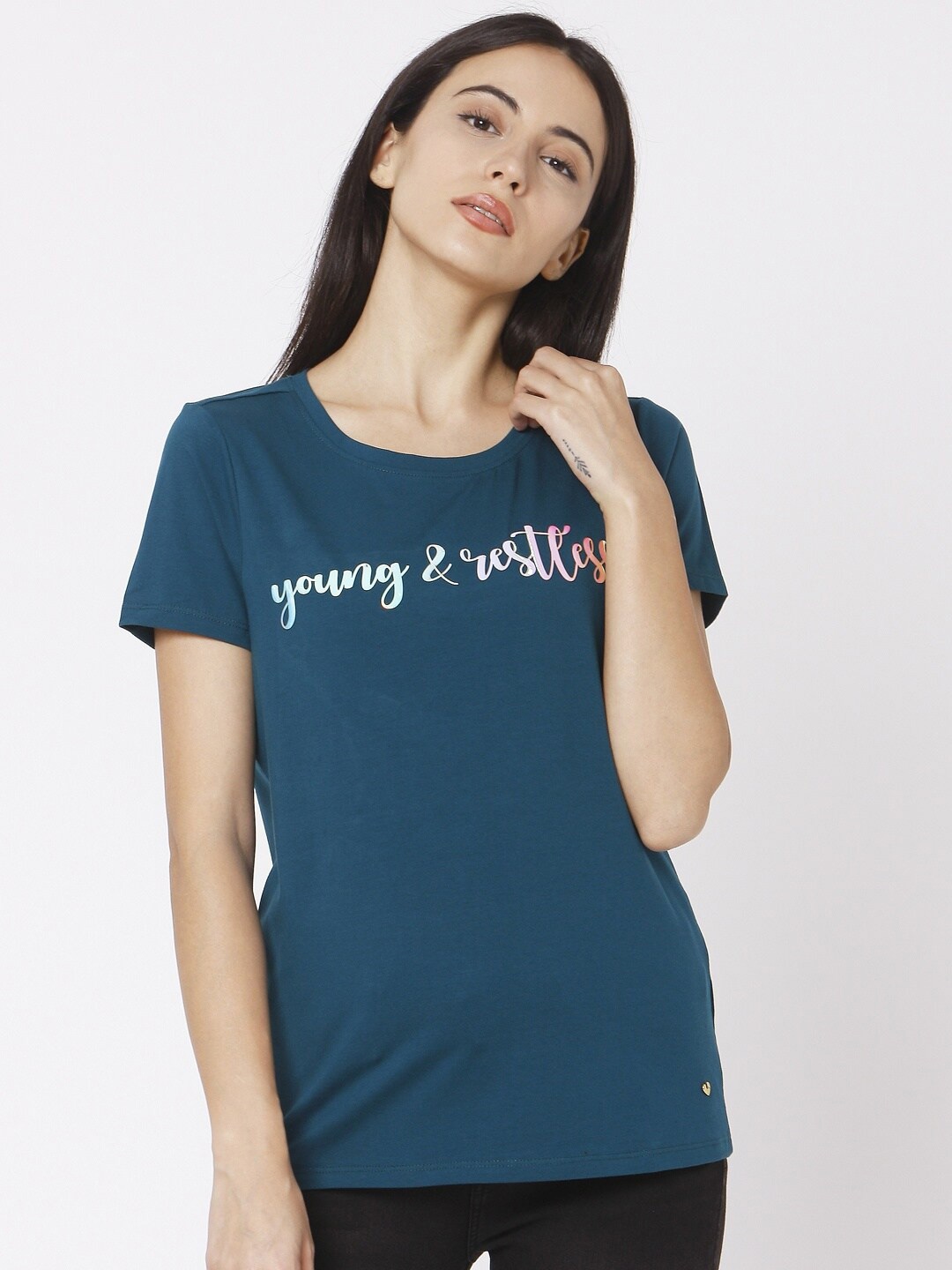 

SPYKAR Women Teal Typography Printed Slim Fit T-shirt