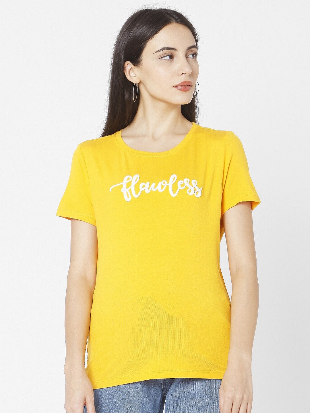 

SPYKAR Women Yellow Typography Printed Slim Fit T-shirt