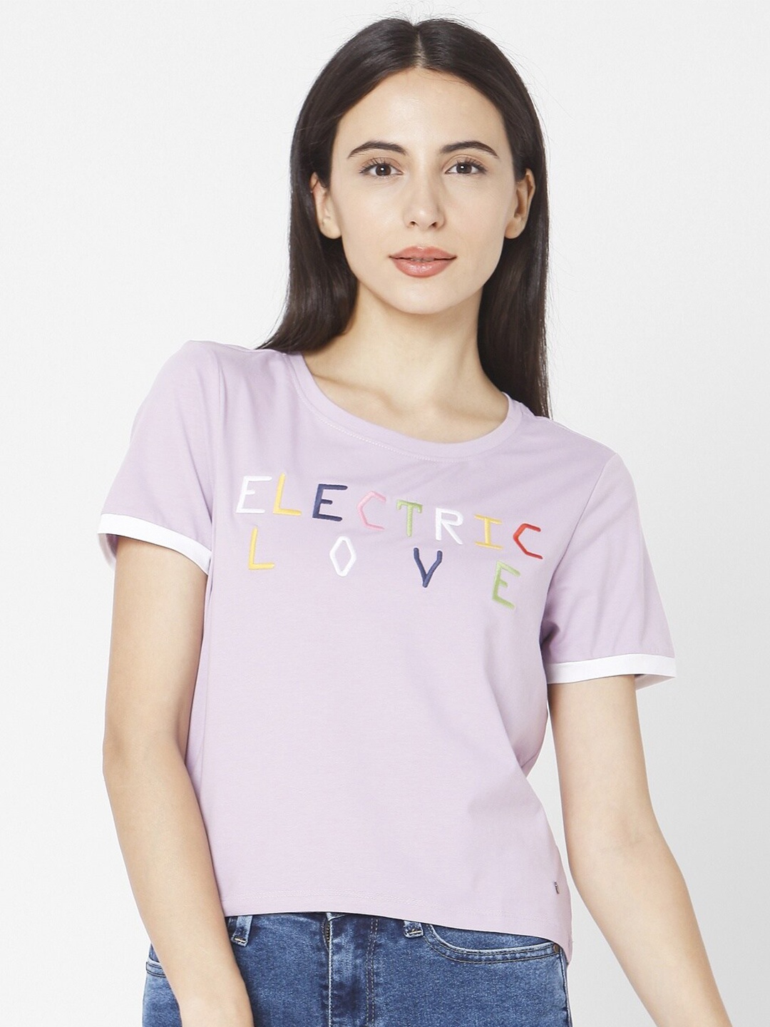 

SPYKAR Women Purple Typography Embroidered Slim Fit T-shirt
