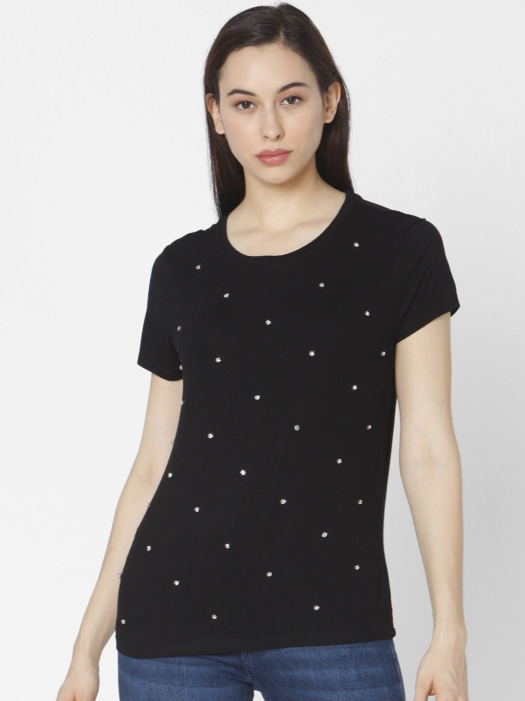 

SPYKAR Women Black Embellished Slim Fit T-shirt