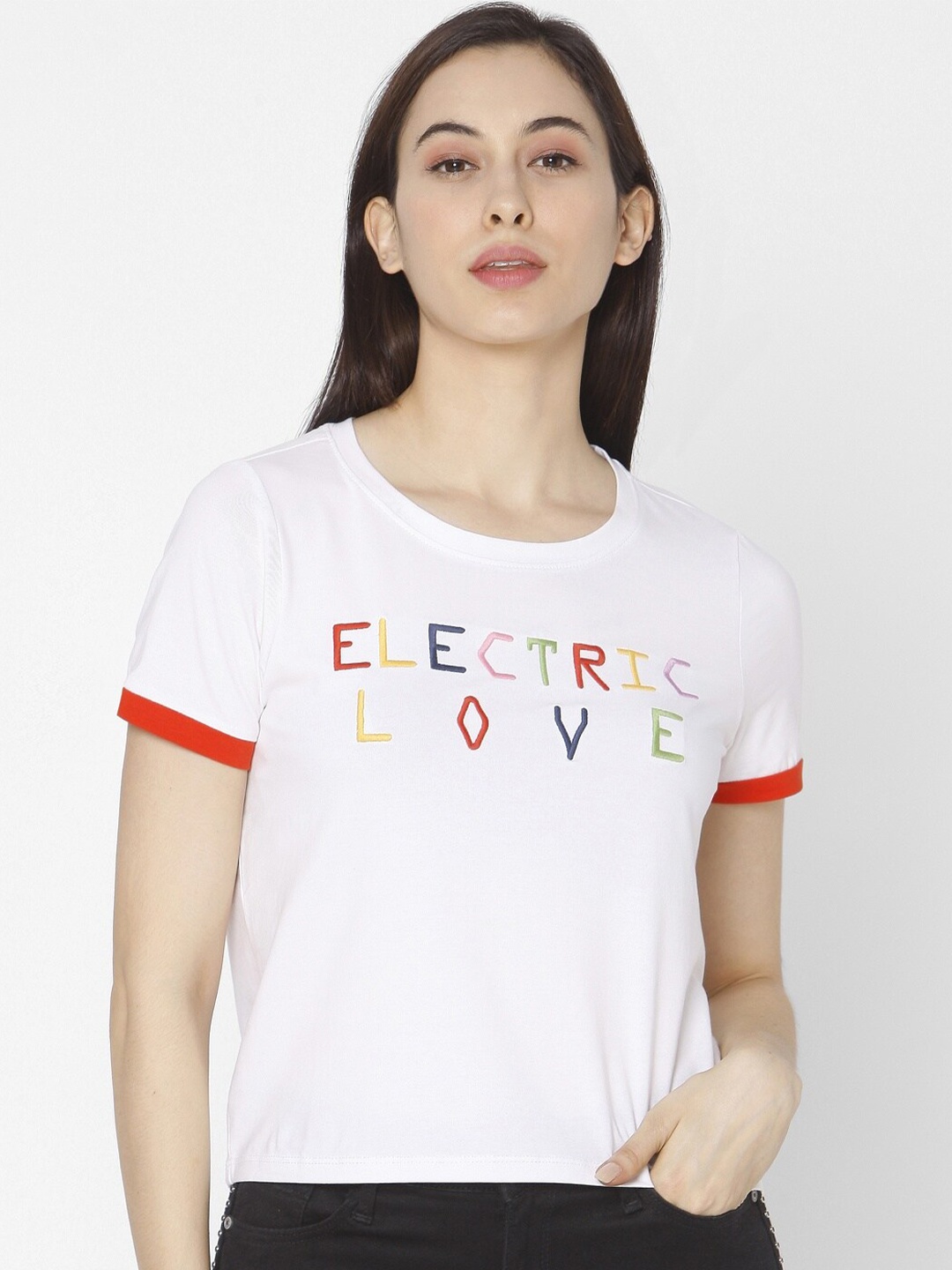 

SPYKAR Women White Typography Embroidered Slim Fit T-shirt