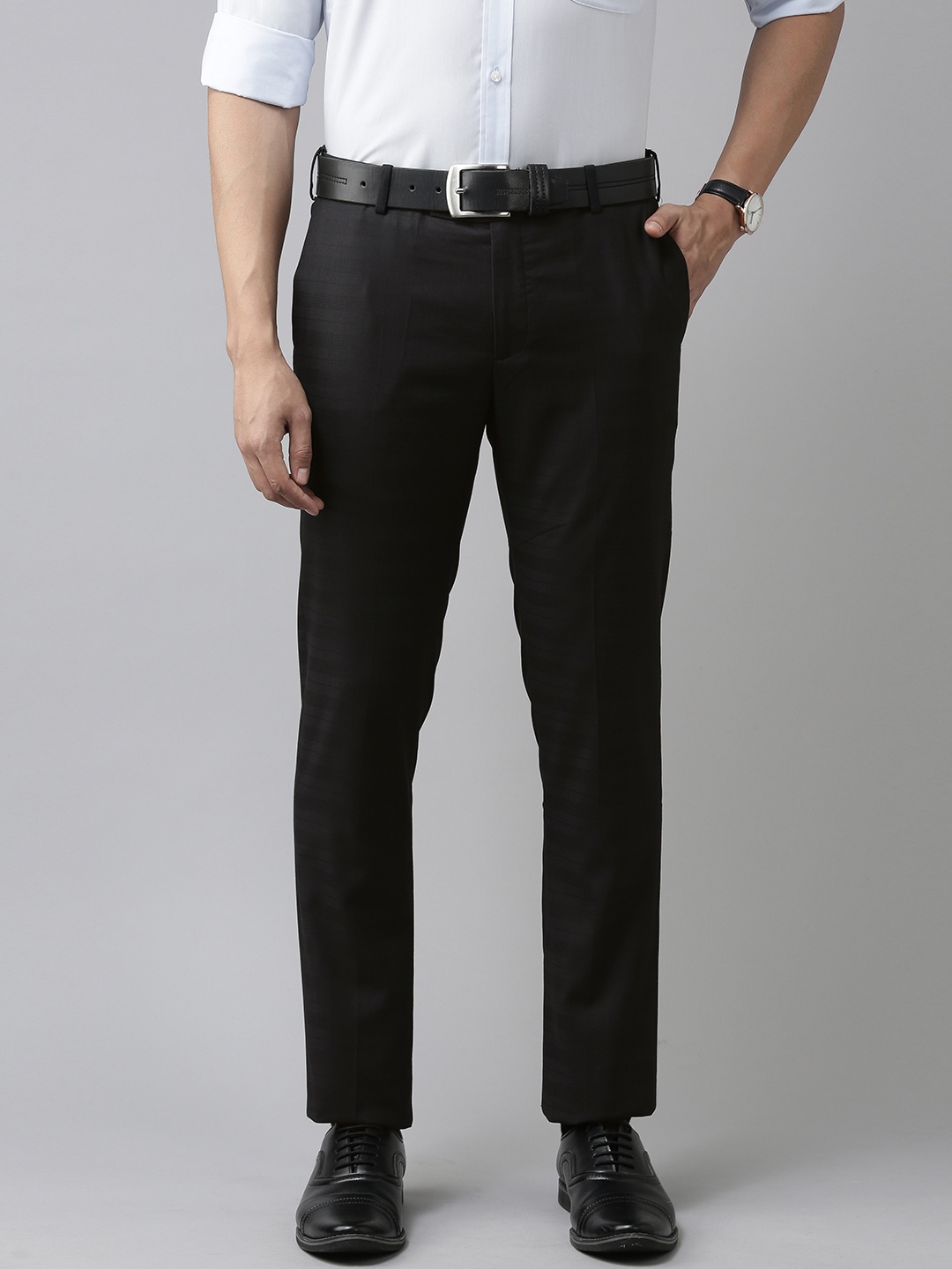 

Arrow Men Black Self Checked Tailored Fit Formal Trousers