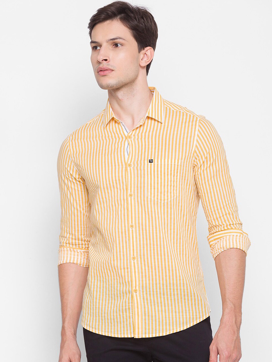 

SPYKAR Men Mustard Yellow & White Slim Fit Opaque Vertical Striped Casual Shirt