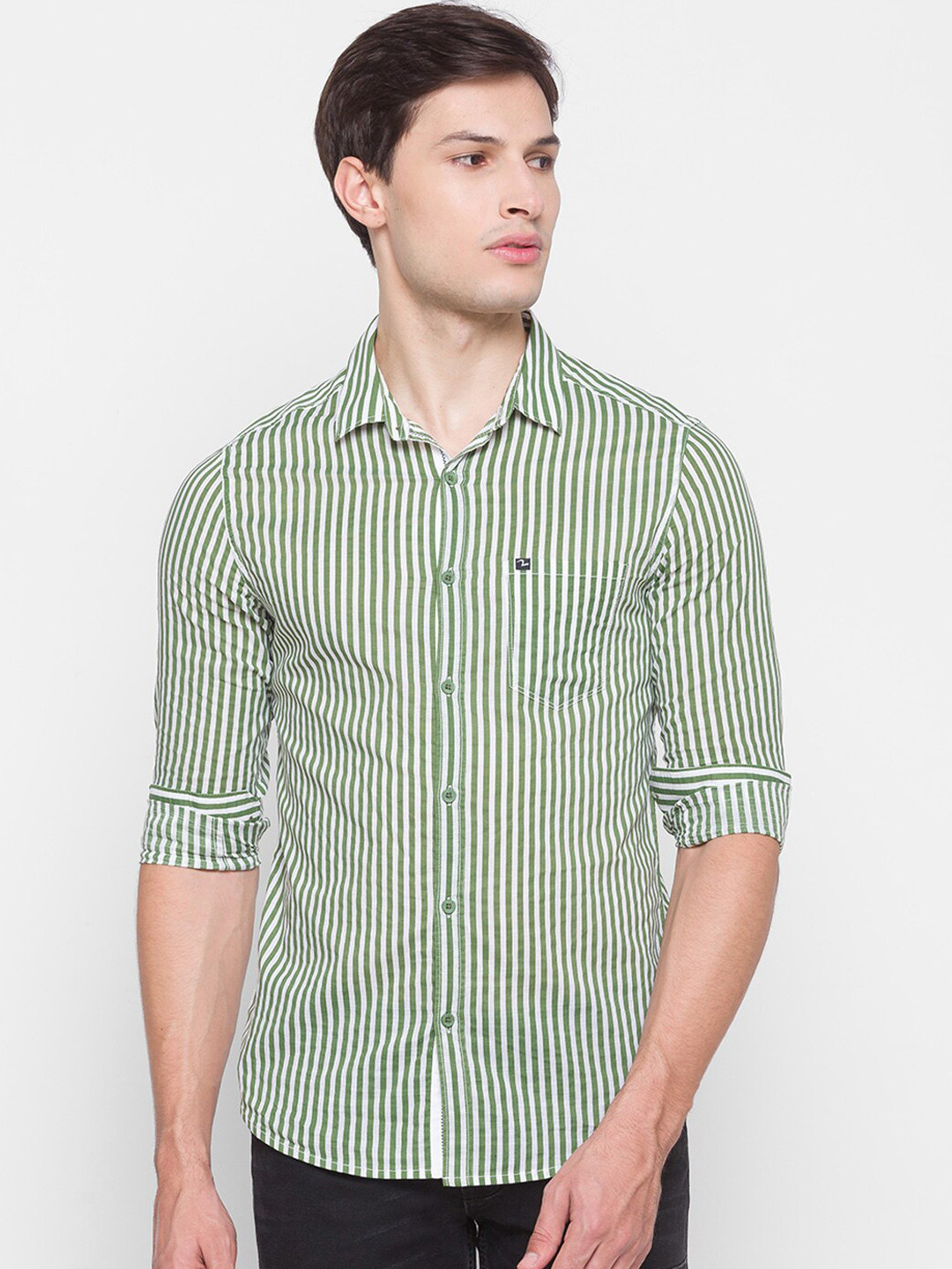 

SPYKAR Men Green Slim Fit Opaque Cotton Vertical Striped Casual Shirt