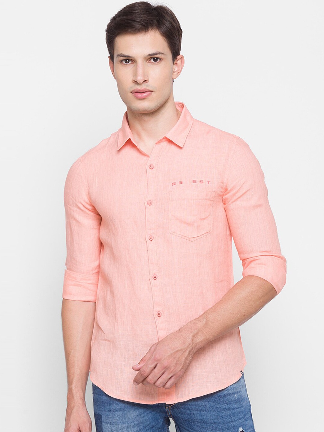 

SPYKAR Men Peach-Coloured Slim Fit Opaque Cotton Casual Shirt