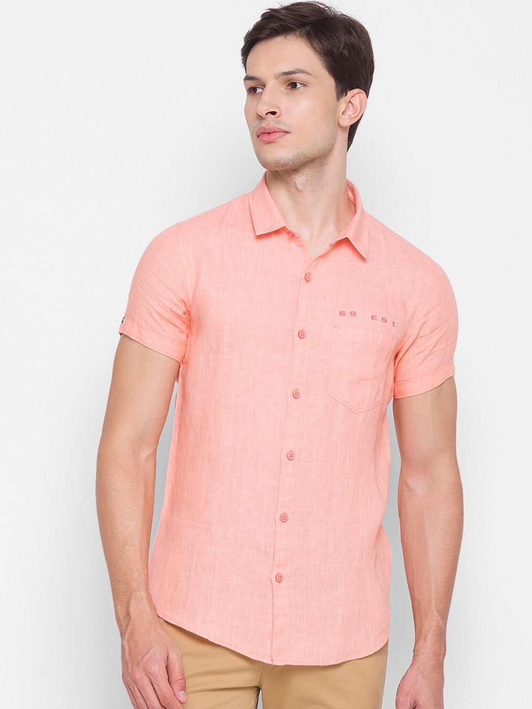 

SPYKAR Men Peach-Coloured Slim Fit Opaque Cotton Casual Shirt