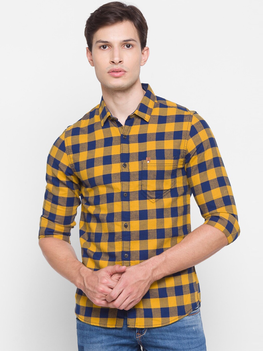 

SPYKAR Men Yellow & Blue Slim Fit Opaque Buffalo Checked Cotton Casual Shirt