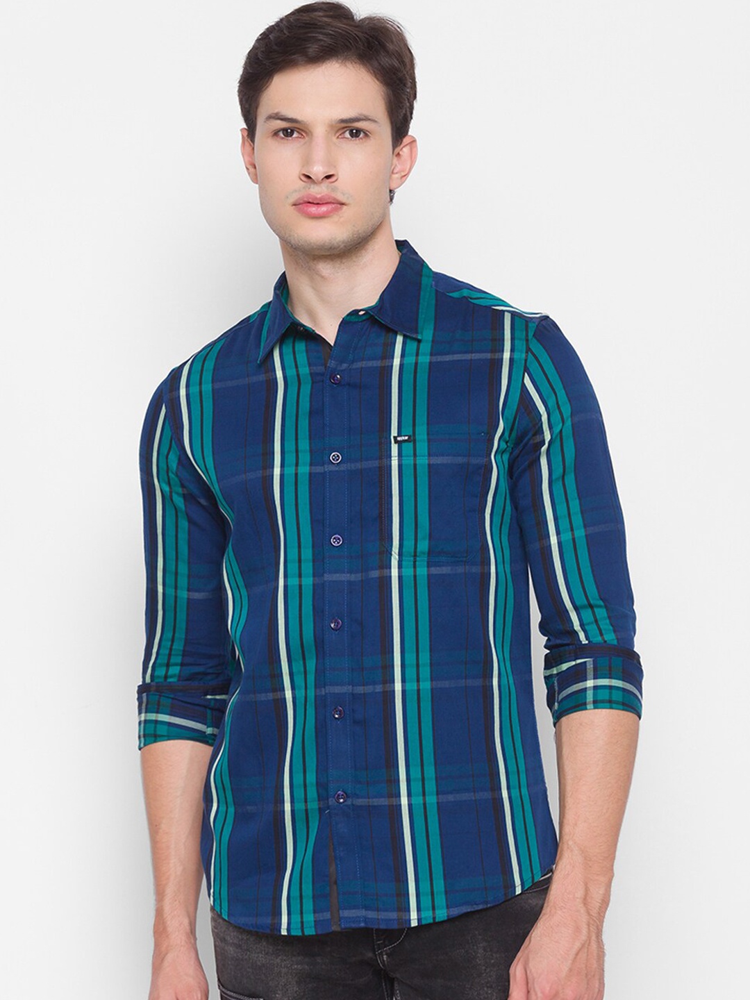 

SPYKAR Men Blue & Green Slim Fit Opaque Tartan Checked Cotton Casual Shirt