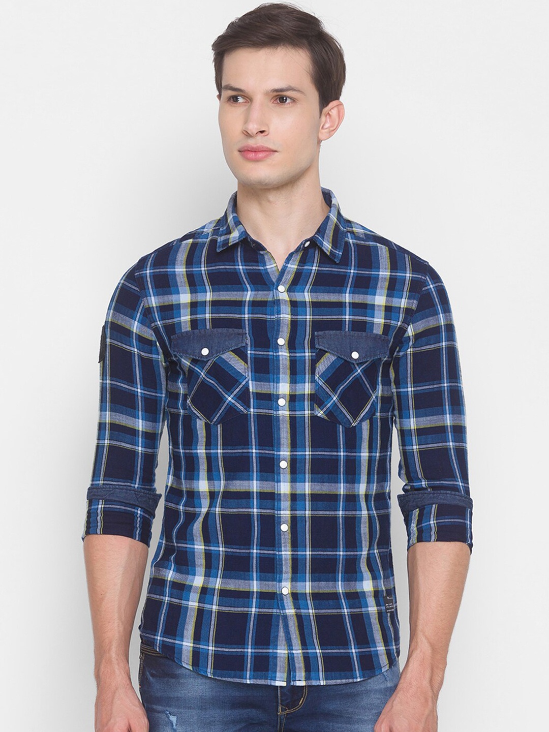 

SPYKAR Men Blue Slim Fit Tartan Checks Opaque Checked Casual Shirt