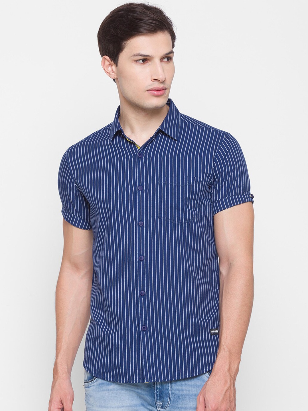 

SPYKAR Men Blue Slim Fit Opaque Striped Casual Shirt