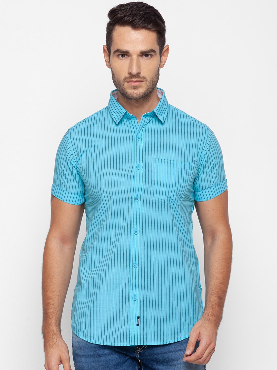 

SPYKAR Men Turquoise Blue Slim Fit Opaque Striped Casual Shirt