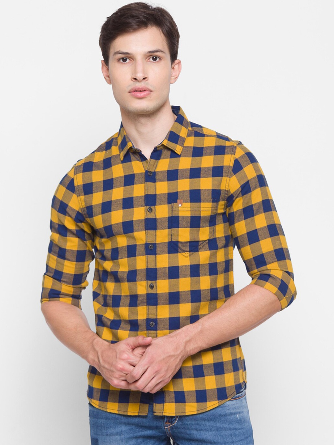 

SPYKAR Men Yellow Slim Fit Buffalo Checks Opaque Checked Pure Cotton Casual Shirt