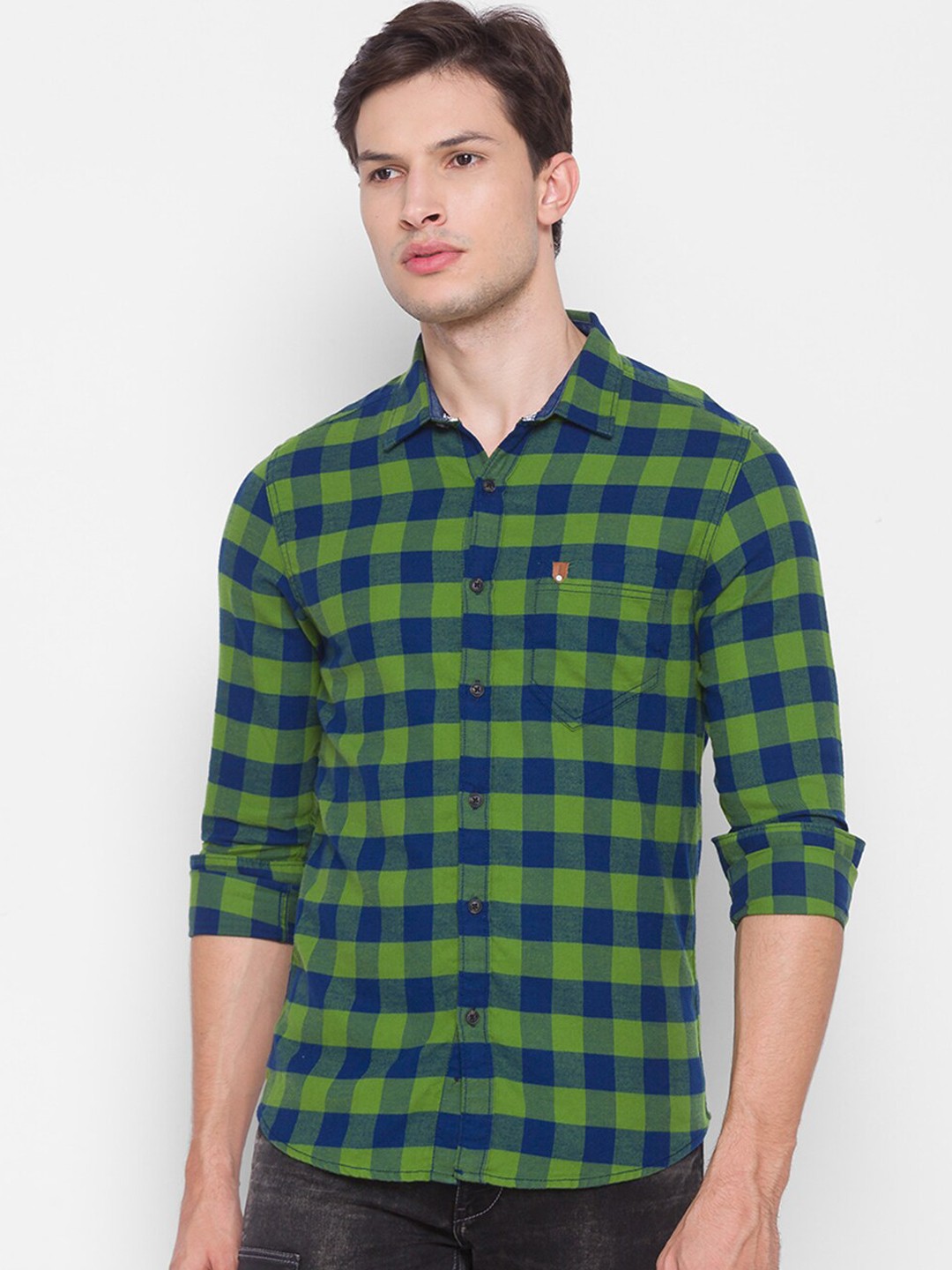 

SPYKAR Men Green Slim Fit Buffalo Checks Opaque Checked Pure Cotton Casual Shirt