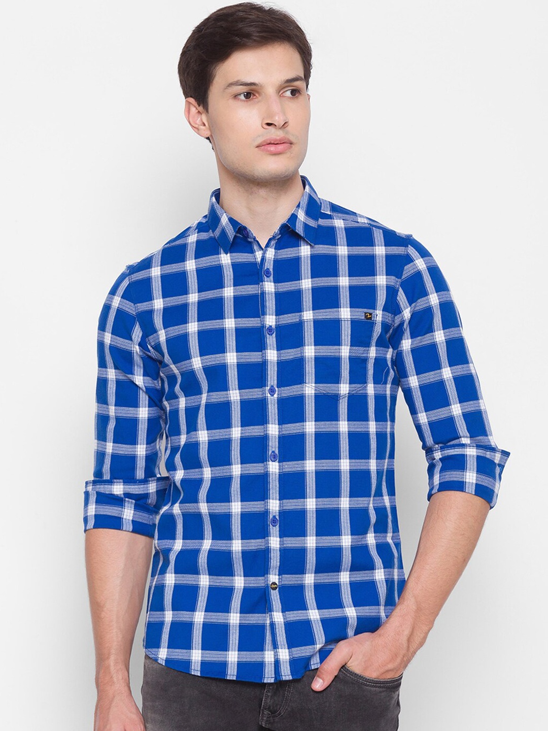 

SPYKAR Men Blue Slim Fit Opaque Checked Pure Cotton Casual Shirt