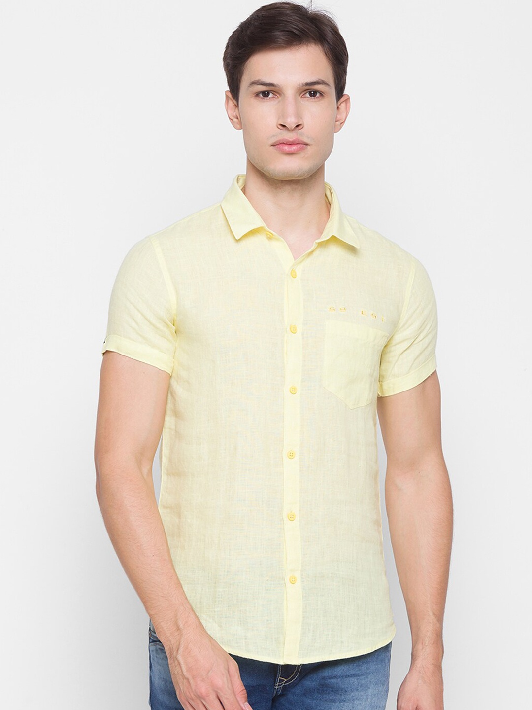 

SPYKAR Men Yellow Slim Fit Opaque Pure Cotton Casual Shirt