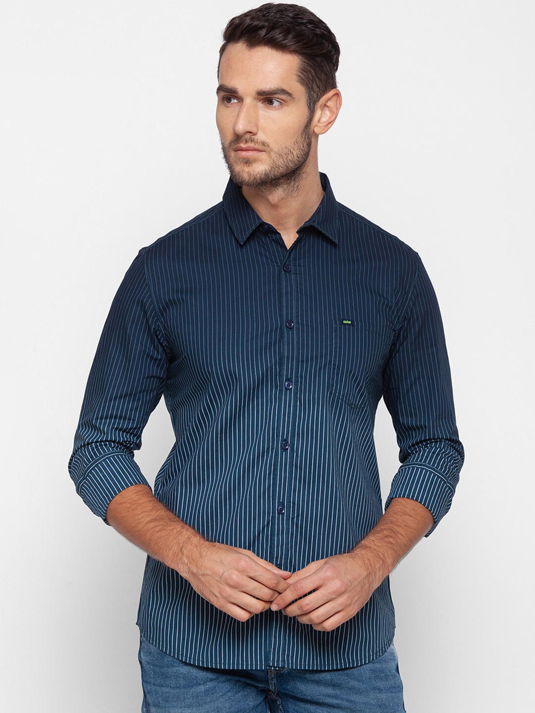 

SPYKAR Men Blue Slim Fit Opaque Pure Cotton Striped Casual Shirt